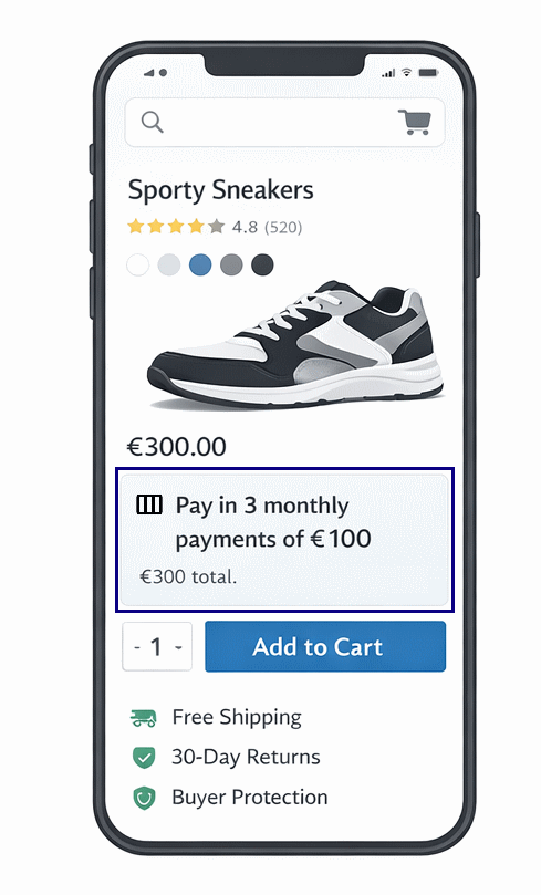 Pay in 3 product page example