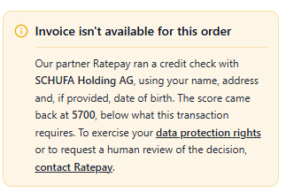 Illustrative buyer-facing credit decline. Use the actual message returned for the transaction.