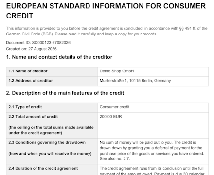 Excerpt from an illustrative SECCI document. Ratepay returns the document for the actual transaction.