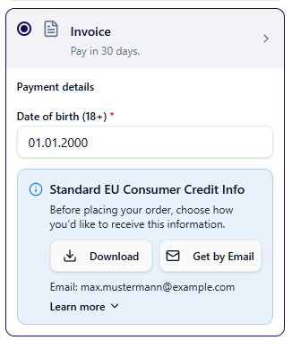 Example checkout with email and PDF delivery choices after payment-method selection.