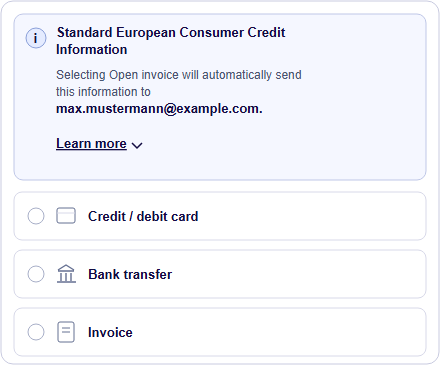 Example checkout with a SECCI notice before payment-method selection.